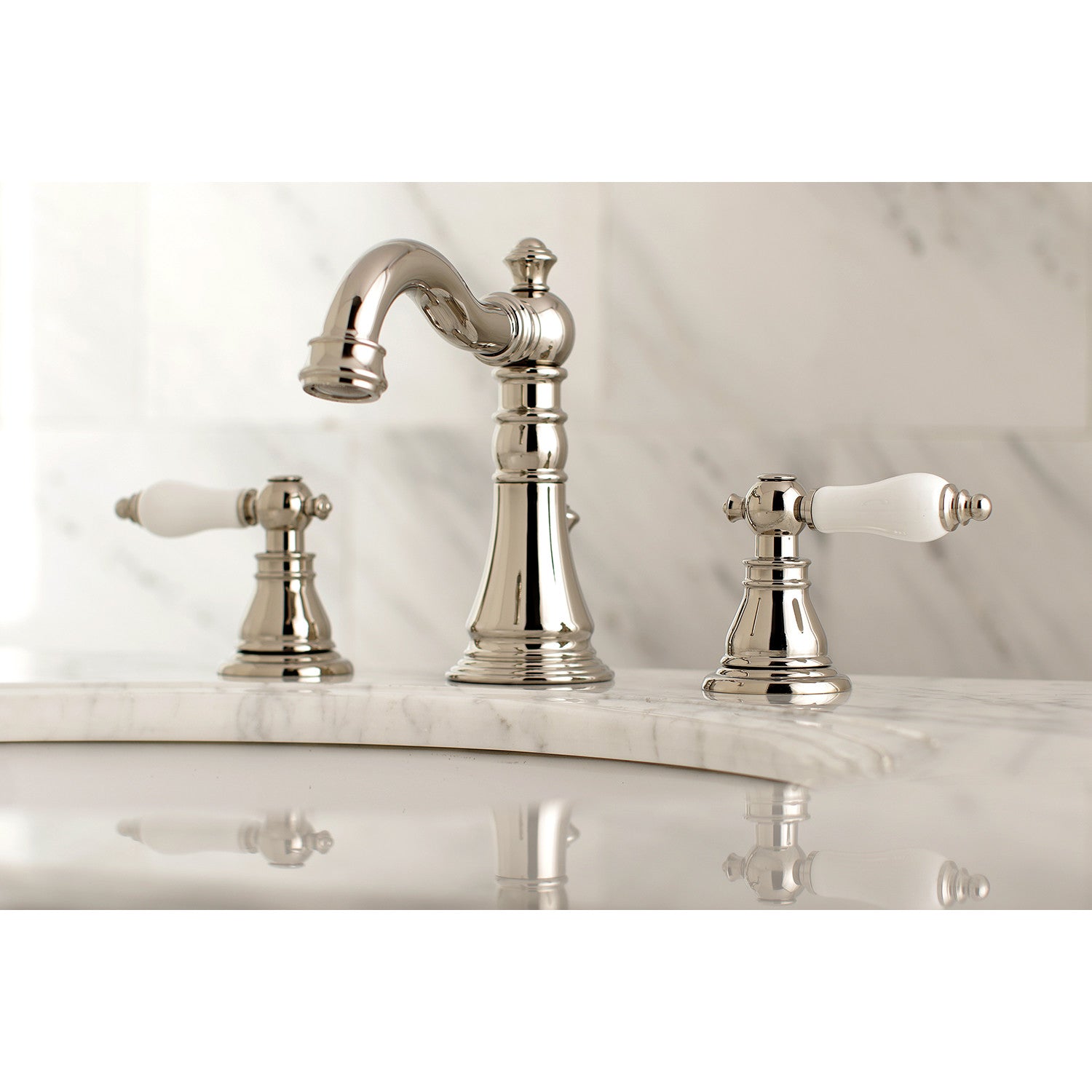 Kingston Heirloom FSC1979APL - American Patriot Two-Handle 3-Hole Deck Mount Widespread Bathroom Faucet with Brass Pop-Up, Polished Nickel — thumbnail 2